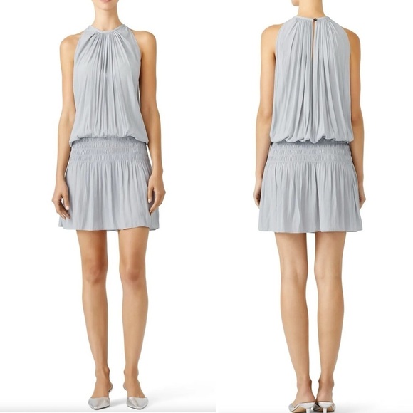 Ramy Brook New York Mini Dress XS High Neck Smocked Waist Grey Halter Sleeveless - Picture 10 of 10